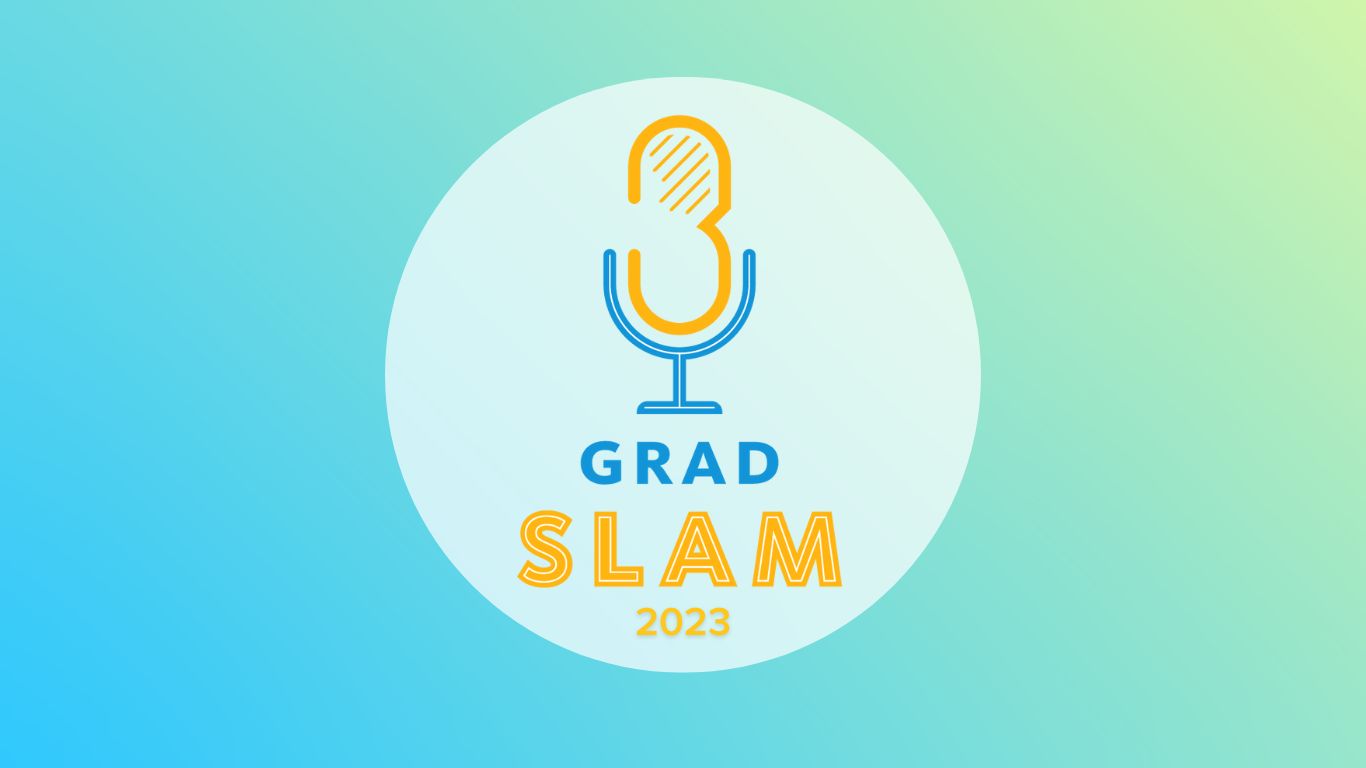 Grad Slam 2023 graphic outline of old fashion standing microphone with ombre background of blue to green to yellow from bottom left to top right corners