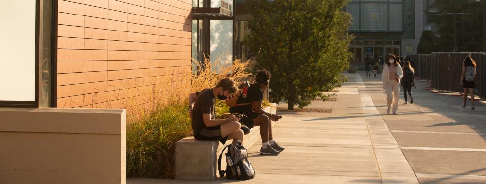 Students sit outside The Graduate Center at Walker Hall on the walkway between Shields Library and the Student Community Center. (Gregory Urquiaga/UC Davis).