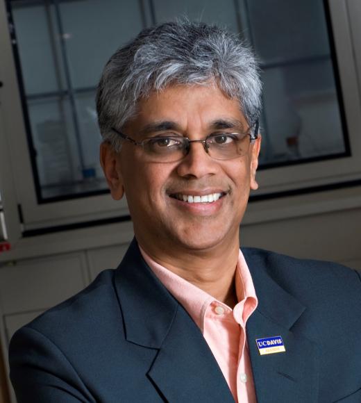 Man of Indian descent with grey hair smiles at camera. He is wearing glasses, pink collared shirt and blue sport coat.  